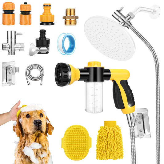 Dog Wash Hose Attachment8 Way Dog Shower Attachment with Metal 3-Way Shower Diverter Dog Wash with 2 type Dog Bath Brush & 78inch Long Hose Dog Wash Sprayer for Washing Cars & Pets (Yellow)