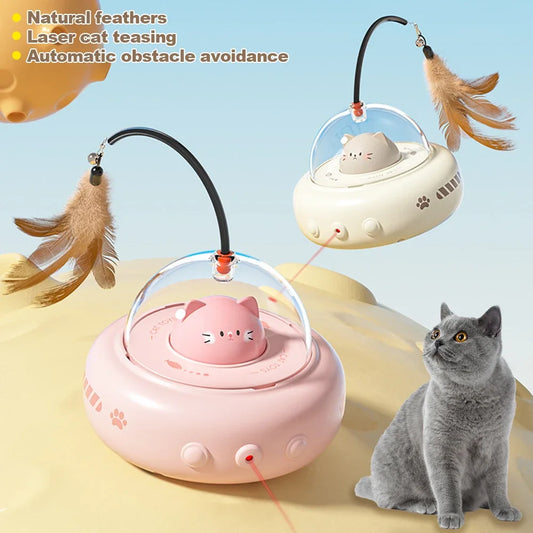 Jouet pour chat Smart Teaser, bâtonnet électrique en forme d'OVNI avec clochette, plumes remplaçables, accessoires interactifs pour chats et animaux de compagnie.