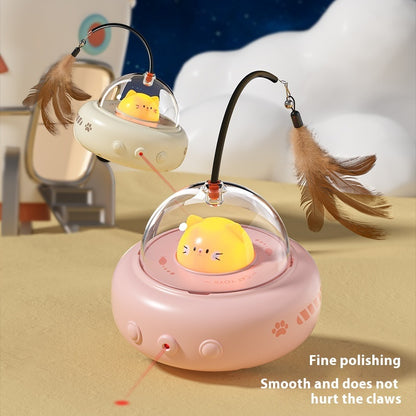 Jouet pour chat Smart Teaser, bâtonnet électrique en forme d'OVNI avec clochette, plumes remplaçables, accessoires interactifs pour chats et animaux de compagnie.