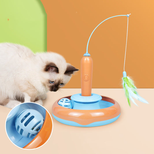 Jouet 2 en 1 pour chat avec plume pour jouer seul - Plateau tournant - Accessoires pour animaux - Jouet pour chat - Articles pour chats